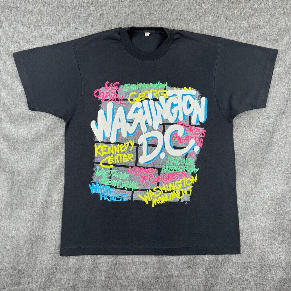Vintage Washington DC Memorials Graffiti T-Shirt Men's Large Black‎ Hip Hop 80s